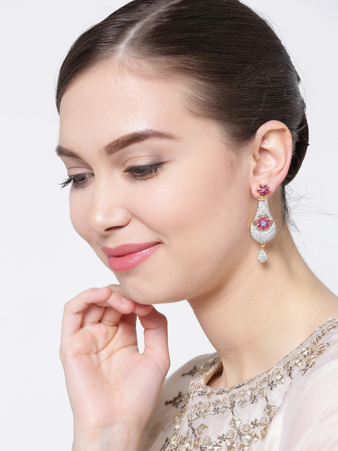 YouBella Magenta Gold-Plated Stone-Studded Drop Earrings